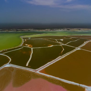 Pembe göller ve okyanus, Las Coloradas, Meksika 'da doğa.