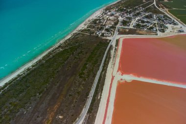 Pembe göller ve okyanus, Las Coloradas, Meksika 'da doğa.