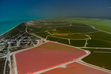 Pembe göller ve okyanus, Las Coloradas, Meksika 'da doğa.