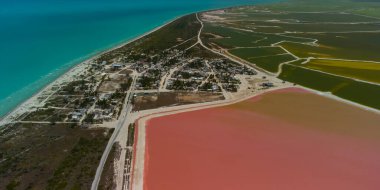 Pembe göller ve okyanus, Las Coloradas, Meksika 'da doğa.