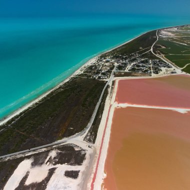 Pembe göller ve okyanus, Las Coloradas, Meksika 'da doğa.