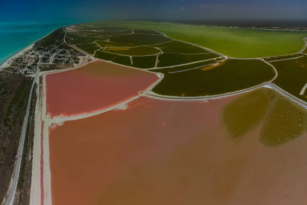 Pink lakes and ocean, nature  in Las Coloradas, Mexico