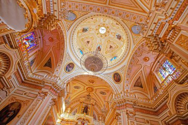 CHOLULA, MEXICO - MARCH 18, 2022 Colorful Dome Ceiling Iglesia de Nuestra Senora de los Remedios Our Lady of Remedies Church Cholula Puebla Mexico. Church built 1500s