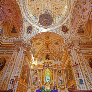 CHOLULA, MEXICO - MARCH 18, 2022 Colorful Dome Ceiling Iglesia de Nuestra Senora de los Remedios Our Lady of Remedies Church Cholula Puebla Mexico. Church built 1500s