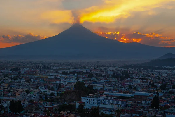 Vue Sur Volcan Popocatepetl Coucher Soleil Depuis Ancienne Pyramide Cholula — Photo