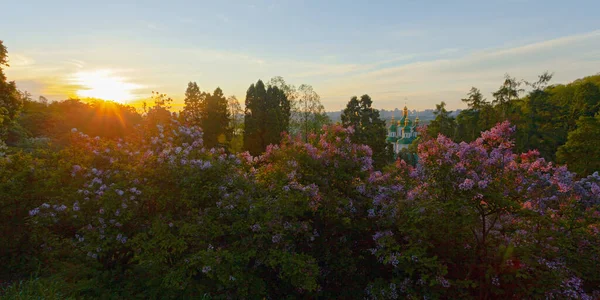 Sonnenaufgang Blick Auf Kiew Und Das Vydubychi Kloster Vom Hryshko — Stockfoto