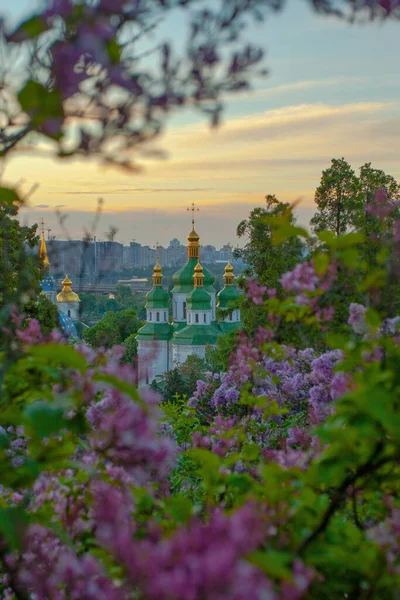 Vista All Alba Kiev Monastero Vydubychi Dal Giardino Botanico Hryshko — Foto Stock