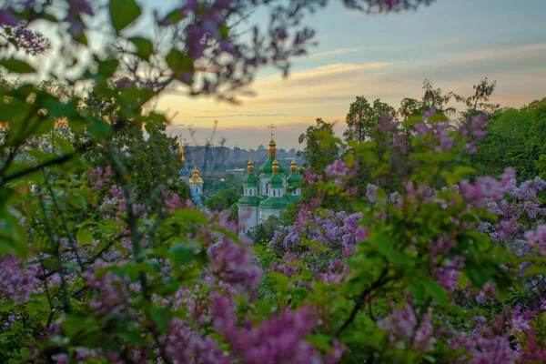 Soluppgången Syn Kiev Och Vydubychi Klostret Från Hryshko Botaniska Trädgården — Stockfoto