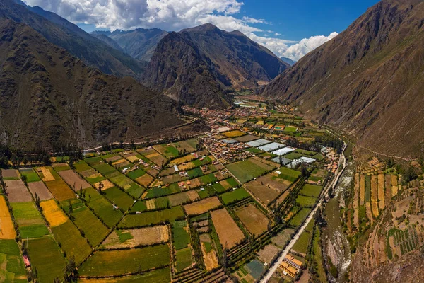 Aerial view of the archaeological site of Ollantaytambo in the Sacred Valley of Cusco. Peru
