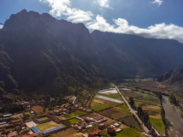 Aerial view of the archaeological site of Ollantaytambo in the Sacred Valley of Cusco. Peru