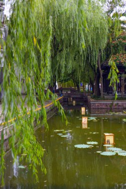 Göletli ve söğütlü manzara, ve ünlü pagoda kulesi, Xi Shi 's park Zhuji, Zhejiang Eyaleti, Çin