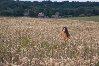 Ukrayna 'da buğday tarlasında güzel bir genç kadın.