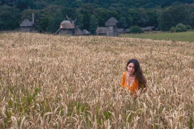 Ukrayna 'da buğday tarlasında güzel bir genç kadın.