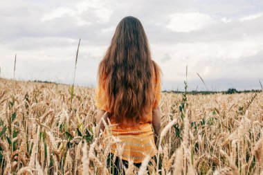 Ukrayna 'da buğday tarlasında güzel bir genç kadın.