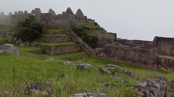 Machu Picchu Αρχαία Θέα Της Πόλης Από Huchu Picchu Συννεφιασμένο — Αρχείο Βίντεο