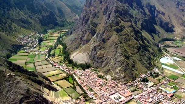 Luchtfoto Van Archeologische Site Van Ollantaytambo Heilige Vallei Van Cusco — Stockvideo
