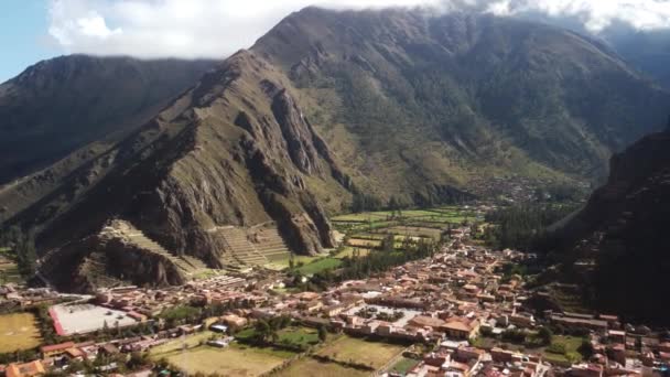 Flygfoto Över Den Arkeologiska Platsen Ollantaytambo Cuscos Heliga Dal Jordgubbar — Stockvideo