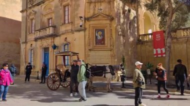 Mdina, Malta - 15 Şubat 2024: Mdina, Malta 'daki eski şehir sokaklarında at arabasıyla turist turu