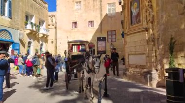 Mdina, Malta - 15 Şubat 2024: Mdina, Malta 'daki eski şehir sokaklarında at arabasıyla turist turu