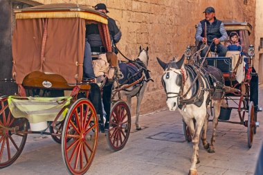 Mdina, Malta - 14 Şubat 2024: Malta 'nın eski başkenti Mdina (Sessiz Şehir veya L-Imdina). Tarihi şehirde turistik arabalı eski evler.