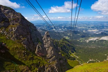 Polonya 'daki Kasprowy Wierch' e giden Tatras dağlarının ve teleferiğin görüntüsü