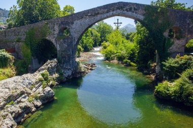 İspanya, Olla de San Vicente 'deki güzel dağ nehri ve antik köprü