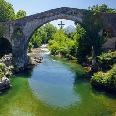 İspanya, Olla de San Vicente 'deki güzel dağ nehri ve antik köprü