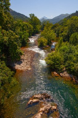 İspanya, Olla de San Vicente 'deki güzel dağ nehri ve antik köprü
