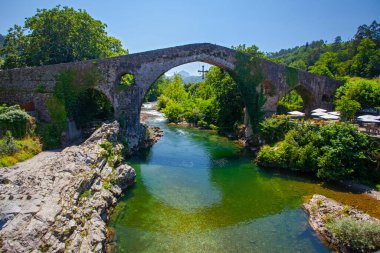 İspanya, Olla de San Vicente 'deki güzel dağ nehri ve antik köprü