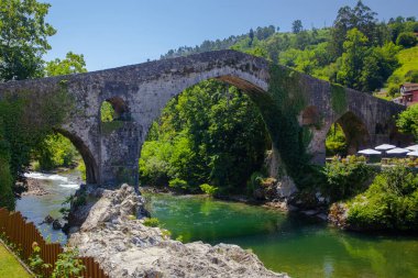 İspanya, Olla de San Vicente 'deki güzel dağ nehri ve antik köprü