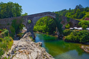 İspanya, Olla de San Vicente 'deki güzel dağ nehri ve antik köprü
