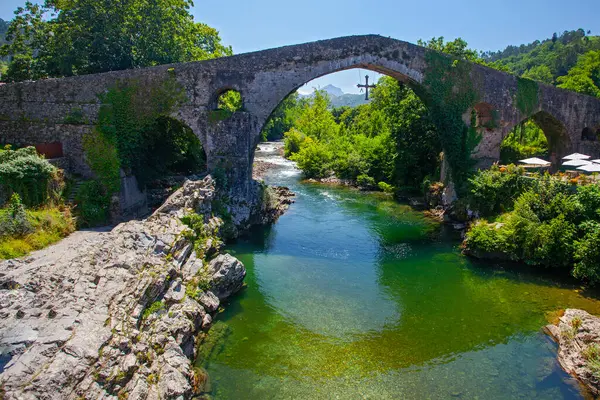 İspanya, Olla de San Vicente 'deki güzel dağ nehri ve antik köprü