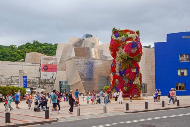 Bilbao, İspanya - 15 Temmuz 2024: Bilbao 'nun Guggenheim Müzesi' nin önünde duran çiçekli çalı ağacı İspanya 'nın beşinci büyük kentinin sembolüdür..