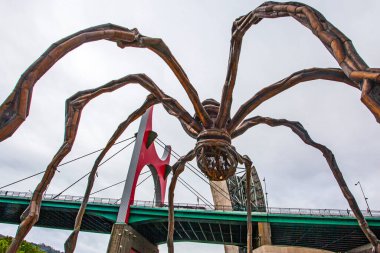 Bilbao, İspanya - 15 Temmuz 2024: Louise Bourgeois 'in Guggenheim Müzesi' ndeki heykeli ve La Salve nehri üzerindeki ünlü köprüsü 