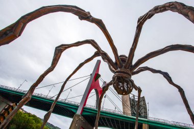 Bilbao, İspanya - 15 Temmuz 2024: Louise Bourgeois 'in Guggenheim Müzesi' ndeki heykeli ve La Salve nehri üzerindeki ünlü köprüsü 