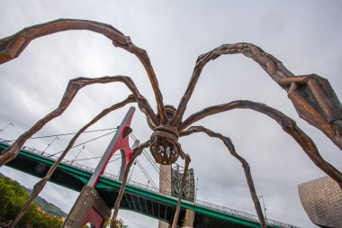 Bilbao, İspanya - 15 Temmuz 2024: Louise Bourgeois 'in Guggenheim Müzesi' ndeki heykeli ve La Salve nehri üzerindeki ünlü köprüsü 