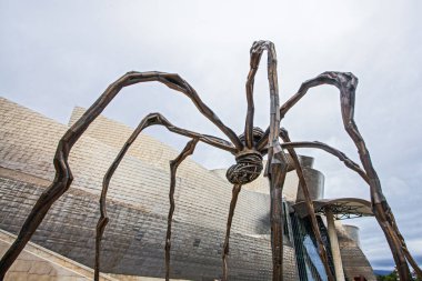 Bilbao, İspanya - 15 Temmuz 2024: The Spider, Louise Bourgeois 'in Nervion nehrinin sınırındaki Guggenheim Müzesi' ndeki heykeli. Burası şehrin turistik merkezlerinden biri..
