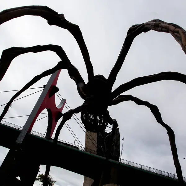 stock image Bilbao, Spain - July 15, 2024: The Spider, sculpture of Louise Bourgeois in the Guggenheim Museum and famous bridge of La Salve over the nervion river 