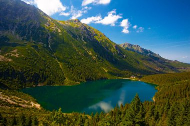 Morskie Oko 'nun ya da Denizin Gözü' nün üstünden bak. Güzel dağ gölü. Tatras, Polonya 'da yaz manzarası.