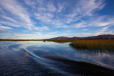 Güzel titicaca gölü ve Andes dağları günbatımında, Puno, Peru 'daki tur sırasında gemiden alınmıştır.