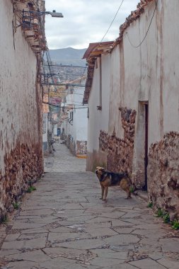 Cuzco 'nun eski caddeleri, geleneksel taş binalar, Peru