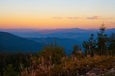 Ukrayna 'nın Karpat dağlarındaki Drahobrat köyünde güzel bir günbatımı çekildi