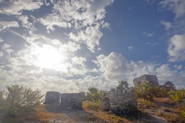 Antik Tulum, Meksika, Yucatan 'daki Okyanus kıyısında harabeler.