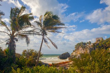 Antik Tulum, Meksika, Yucatan 'daki Okyanus kıyısında harabeler.