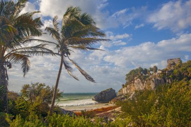 Antik Tulum, Meksika, Yucatan 'daki Okyanus kıyısında harabeler.