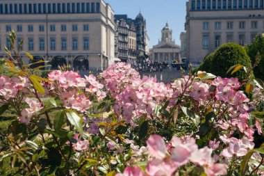 Brüksel, Belçika - 4 Haziran 2022: Kings Place Meydanı ve St Jacques-sur-Coudenberg Kilisesi manzaralı Mont des Arts bahçesi ve Belçika 'nın başkenti Brüksel' de turistler.