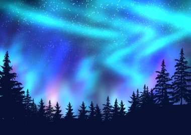Ağaçların birleşimi, Aurora Borealis 'in arka planına karşı, kış tatili illüstrasyonu.