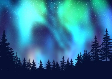 Ağaçların birleşimi, Aurora Borealis 'in arka planına karşı, kış tatili illüstrasyonu.