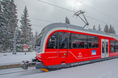 Strbske Pleso, Slovakya - 16 Aralık 2024: Slovakya 'daki Strbske Pleso' nun karlı tren istasyonunda yolcuları bekleyen modern elektrikli tren dağ parkı High Tatras 'ta..