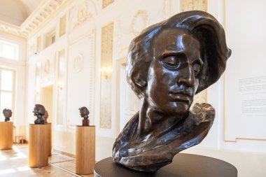 Varşova, Polonya - 14 Temmuz 2024: Polonya 'nın Varşova kentindeki Fryderyk Chopin müzesinde 1954 yılında kurulan ve Polonyalı besteci Frederic Chopin' e adanmış heykel.